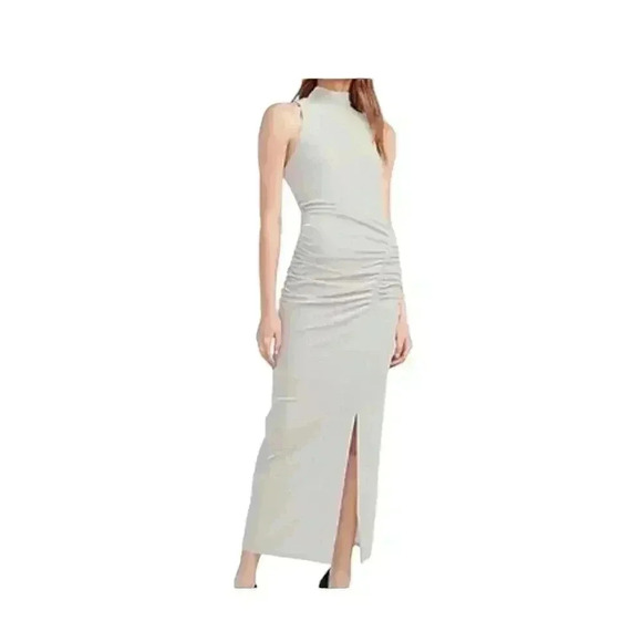EXPRESS Velvet Ruched Side High Neck Soft Grey Side Slit  Maxi Dress Size: M - Picture 1 of 7